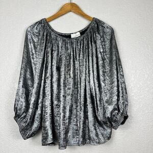 Metallic Silver Velvet Blouse - Women’s Long Sleeve Gathered Neck